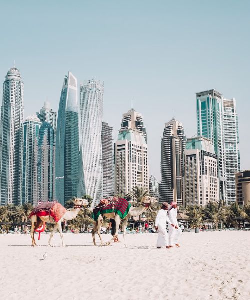 Dubai mit Mensch mit Kamelen