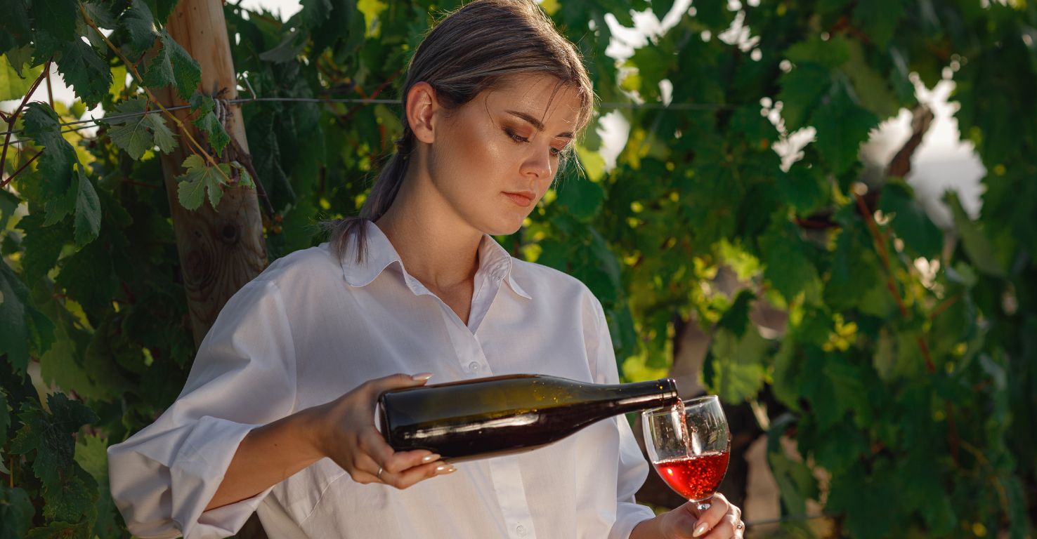 Wein wird in ein Glas von einer Frau eingeschenkt