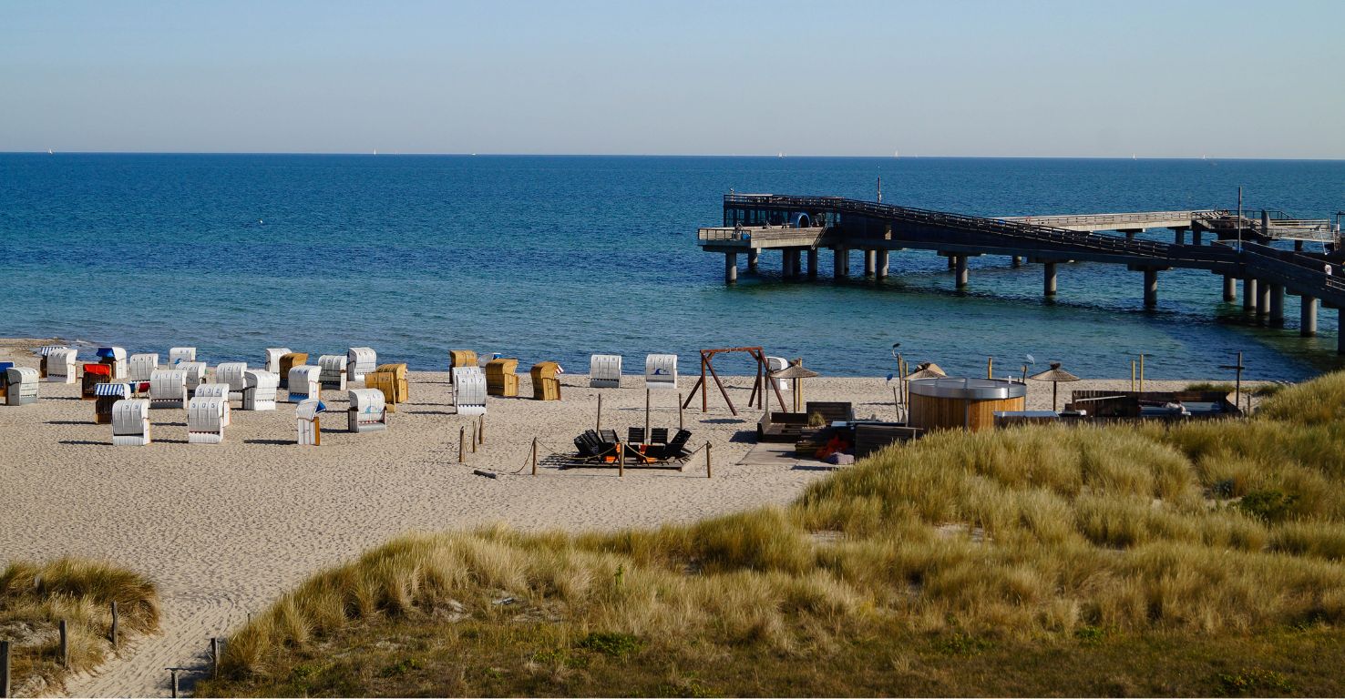 Strand mit einem Steg und Strandkörben, Ostsee