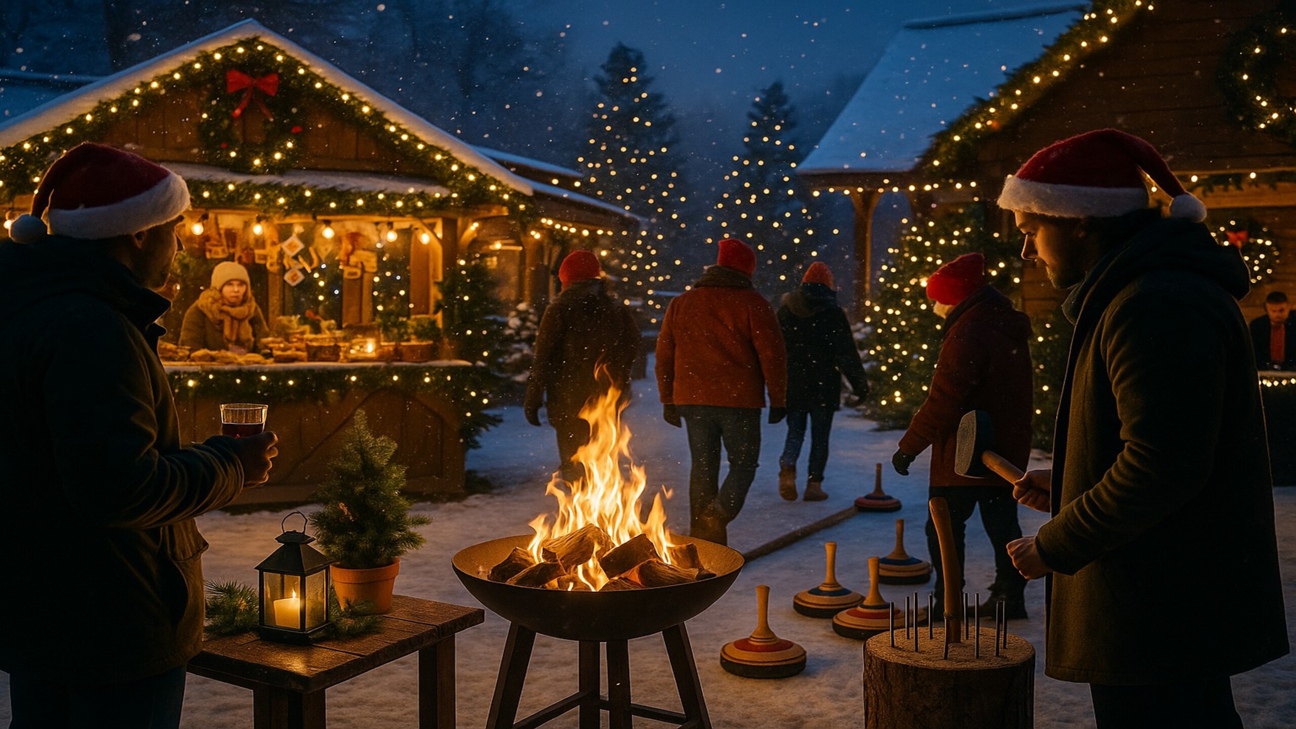 Festlich beleuchteter Innenhof mit Glühweinempfang, winterlicher Dekoration, Eisstockbahn und Nagelbalken für Teamspiele, im Hintergrund DJ-Pult – perfekte Kulisse für Weihnachtsfeier, Teamevent und Teambuilding in winterlicher Atmosphäre.