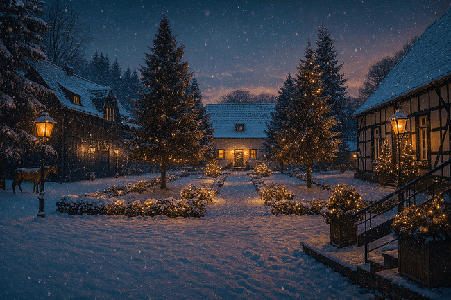 Winterlicher Innenhof eines historischen Gutshofs bei Abendstimmung. Verschneite Bäume und Gebäude sind festlich mit Lichterketten geschmückt. Laternen und Fenster verbreiten warmes Licht. Im Hintergrund ein Bauernhaus, im Vordergrund eine verschneite Gartenanlage mit Buchsbaumhecken und Weihnachtsbeleuchtung. Leichter Schneefall verstärkt die stimmungsvolle Atmosphäre.