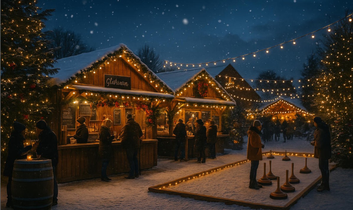 Weihnachtlich beleuchteter Hof mit Glühweinständen, festlicher Winterdekoration und beleuchteter Eisstockbahn – stimmungsvolle Kulisse für Teamevents und Weihnachtsfeiern in der Eifel.