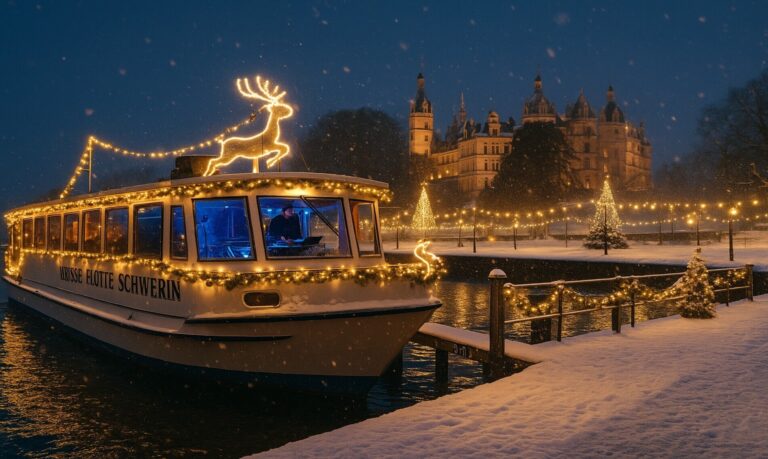 Festlich beleuchtetes Charterboot der Weißen Flotte Schwerin bei winterlicher Abendstimmung im Hafen am Ziegelsee. Ideal für ein stimmungsvolles Teamevent, eine exklusive Weihnachtsfeier oder eine besondere Firmenfeier. Das Schiff ist geschmückt mit Lichterketten, weihnachtlicher Dekoration und bietet an Deck ein DJ-Setup für stimmungsvolle Musik. Schneefall, beleuchteter Steg und reflektierendes Wasser schaffen eine eindrucksvolle Kulisse für gemeinsames Teambuilding und festliche Momente.
